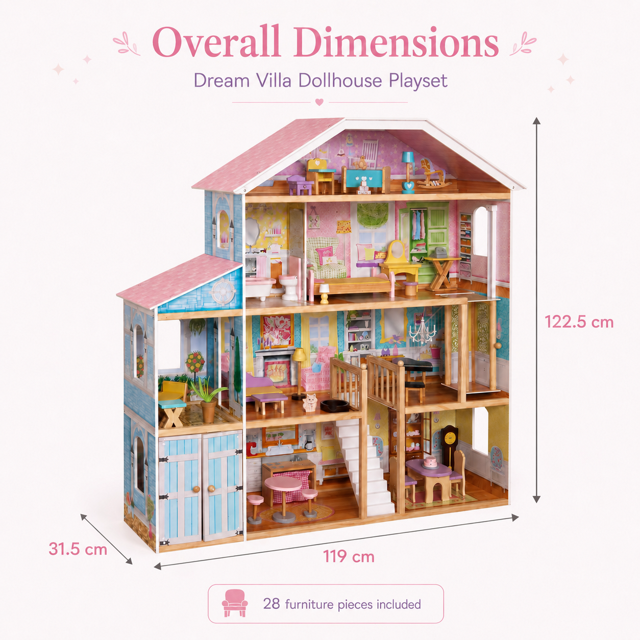 Размери на голяма детска дървена къща за кукли GINGER HOME Grand Villa – 119x31.5x122.5 см и 28 включени мебели