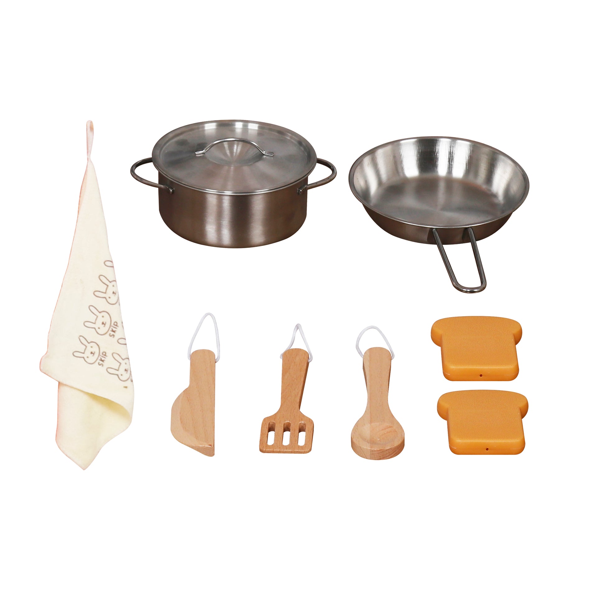 Комплект аксесоари към детска дървена кухня GINGER HOME – тенджера, тиган, дървени прибори, кърпа и две хлебчета