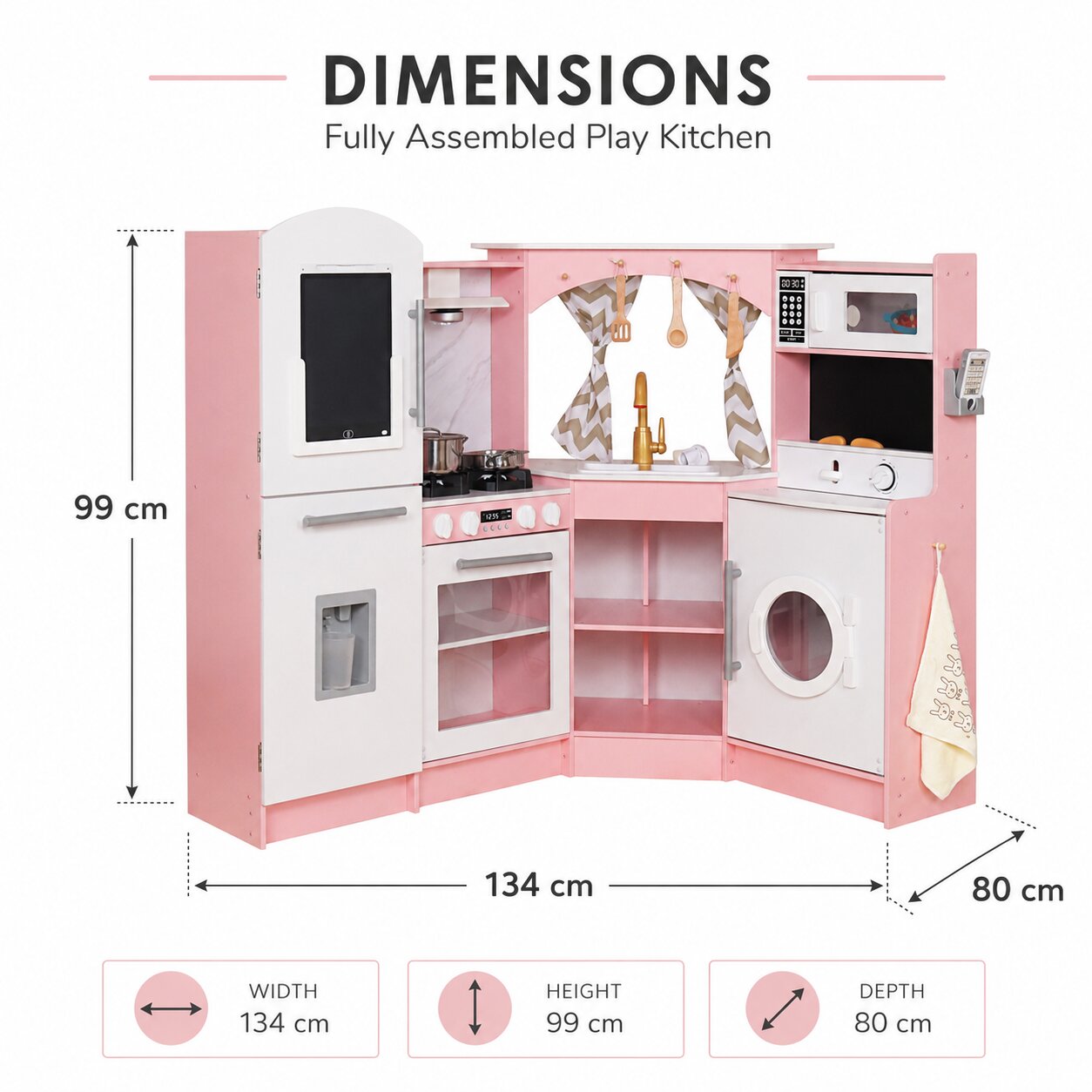 Размери на голяма детска дървена кухня GINGER HOME W10C933J – 134x80x99 см, ъглов дизайн с хладилник, мивка и пералня