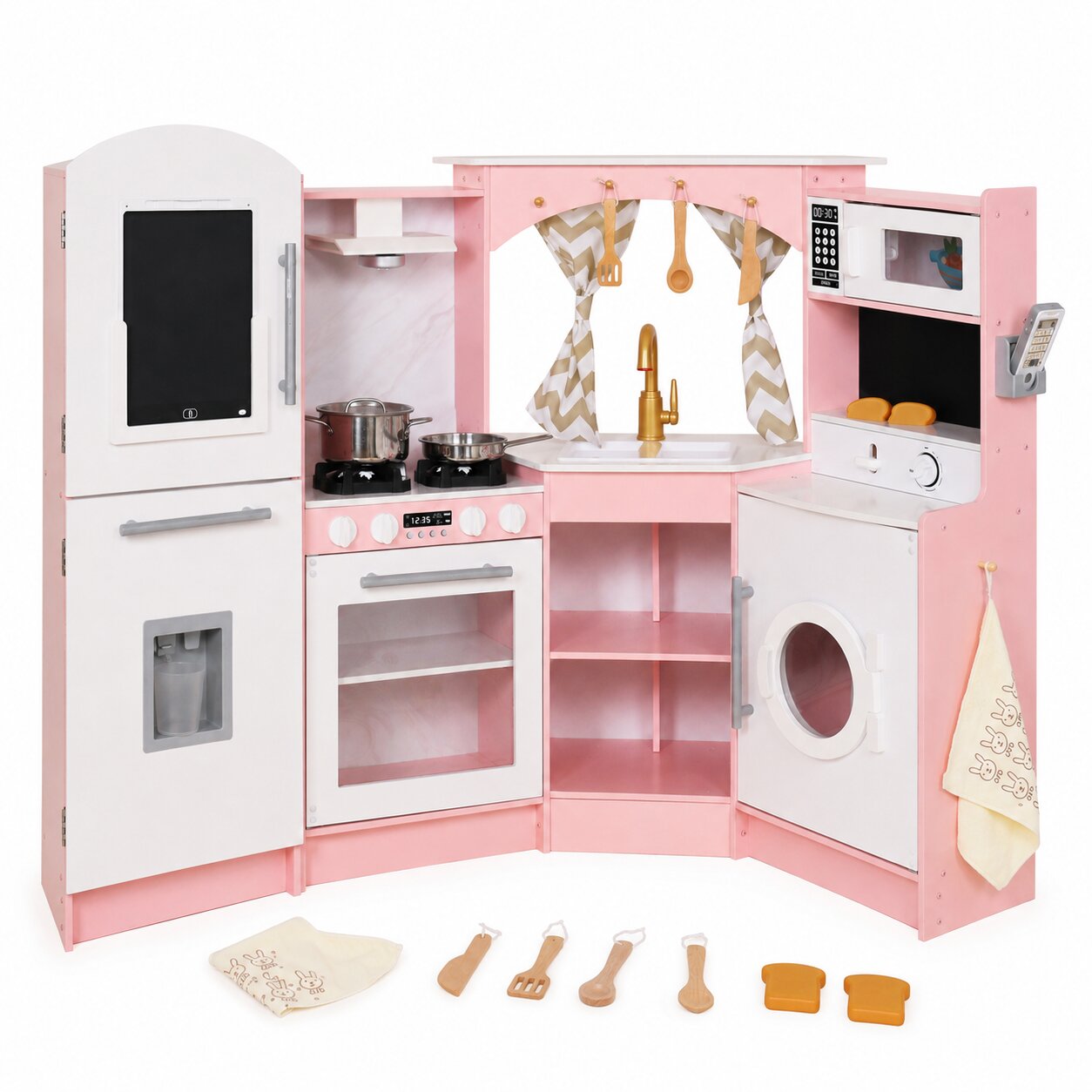 Голяма детска дървена кухня GINGER HOME с включени съдове, прибори, хлебчета, кърпа, прозорец със завеси и телефон
