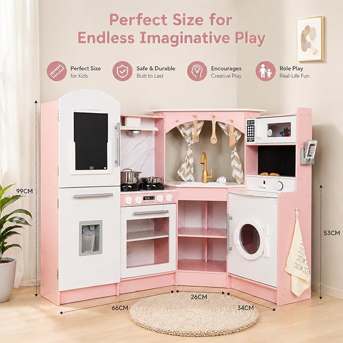 Размери на голяма ъглова детска дървена кухня GINGER HOME – височина 99 см, ширина 134 см и дълбочина 80 см