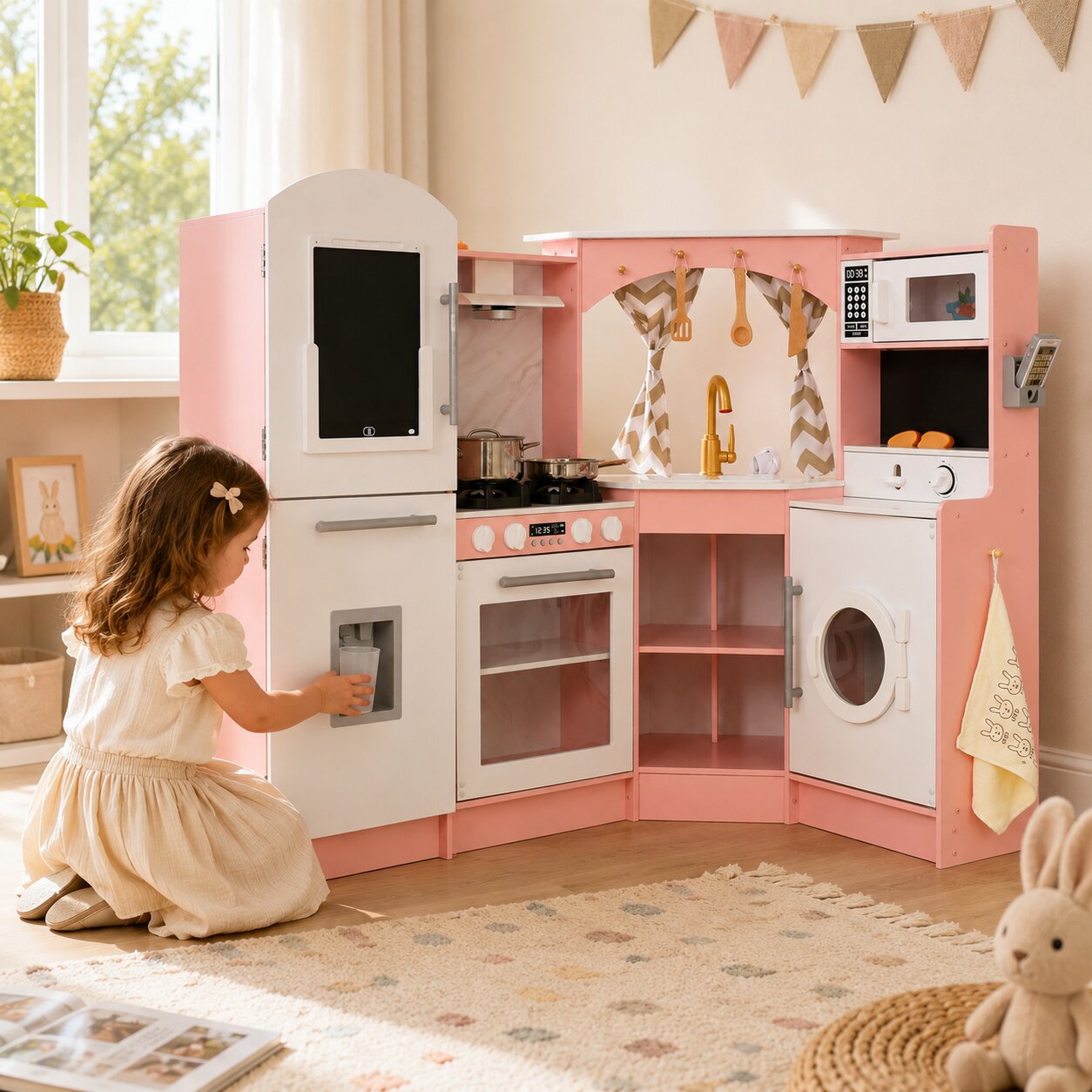 Дете играе с голяма детска дървена кухня GINGER HOME и използва диспенсъра за вода в хладилника