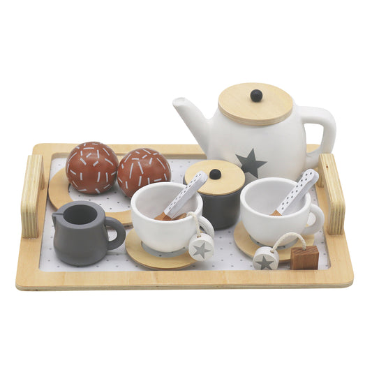 Детски Дървен Комплект за Чай и Кафе с Аксесоари - бяло/сиво