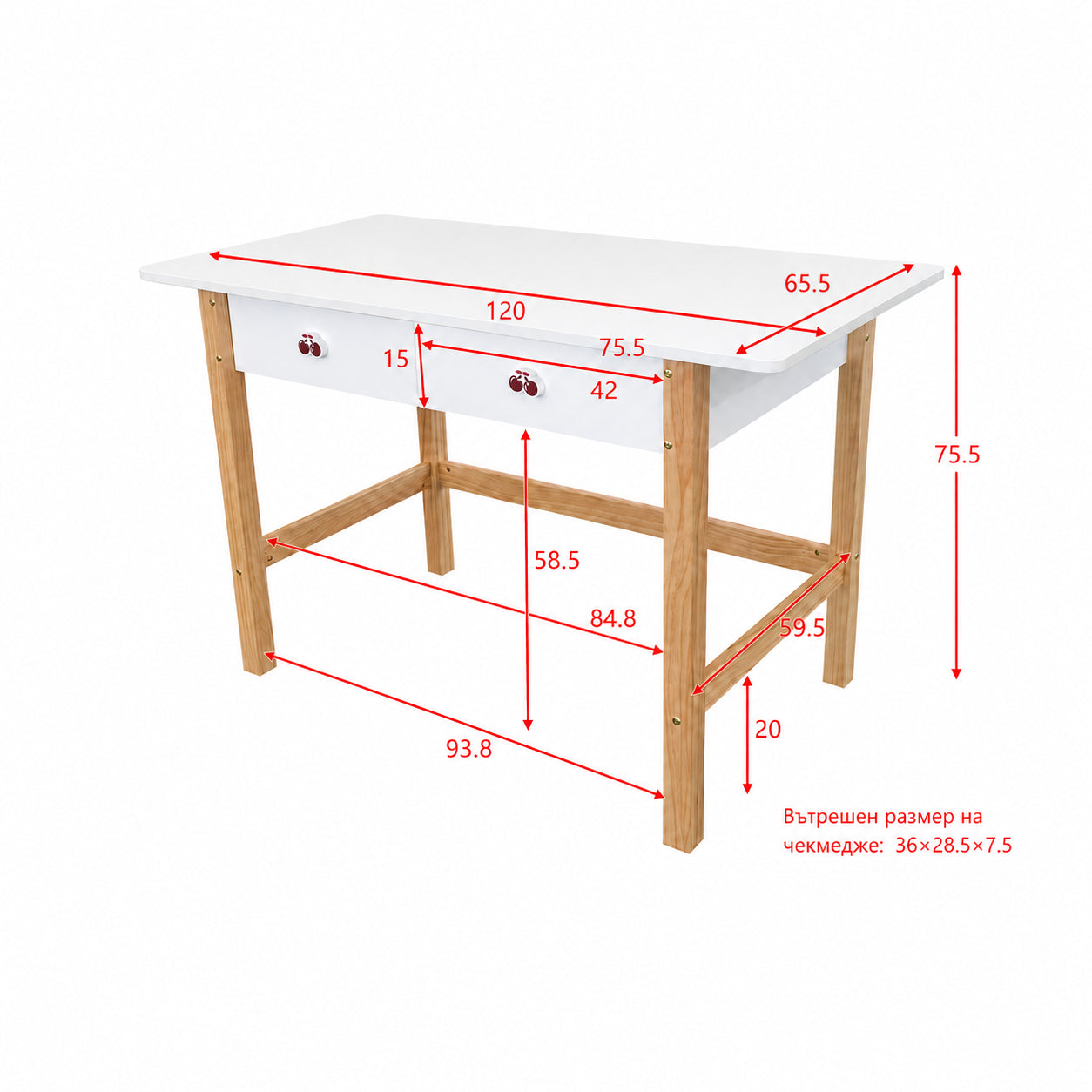 Комплект Детска Стая GINGER HOME CHERRY с Комбинирано Легло 90x200 см, Бюро, Скрин, Шкаф и Трикрилен Гардероб, Бяло, Розово и Натурално Дърво