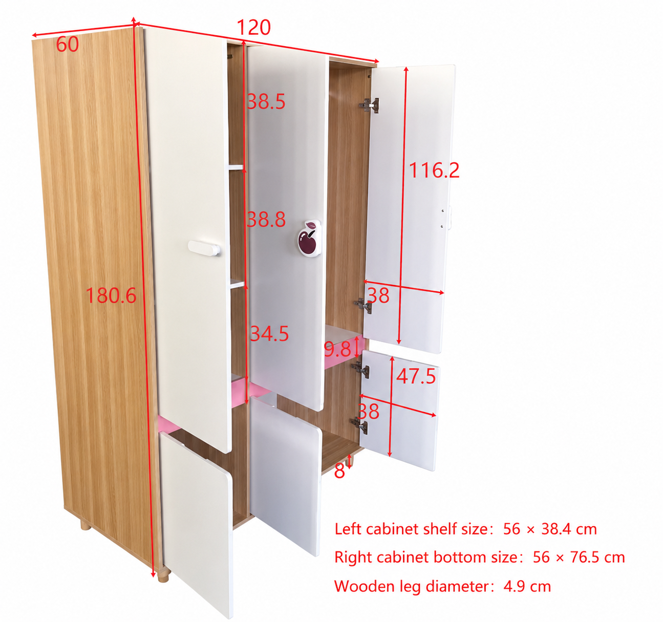 Комплект Детска Стая GINGER HOME CHERRY с Комбинирано Легло 90x200 см, Бюро, Скрин, Шкаф и Трикрилен Гардероб, Бяло, Розово и Натурално Дърво