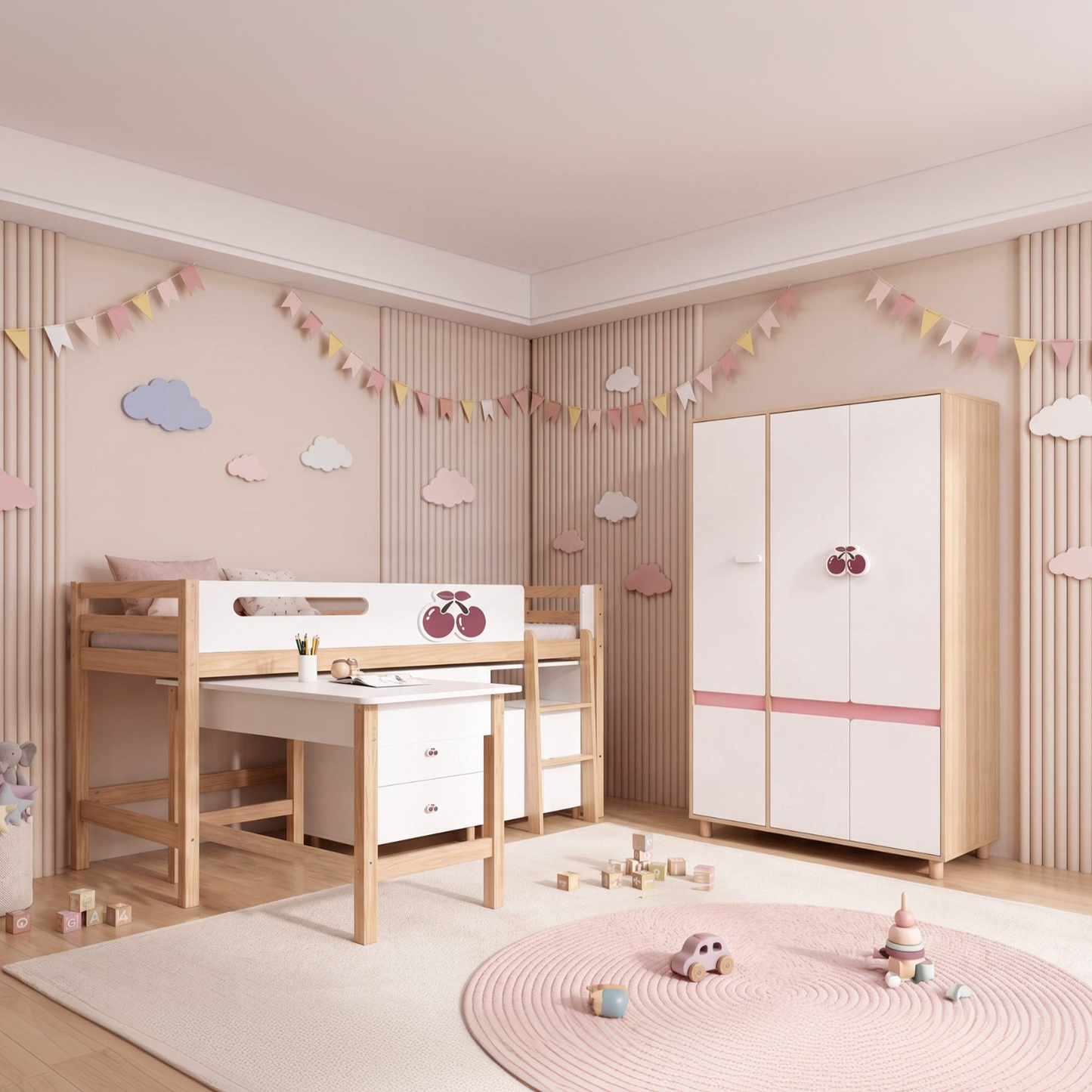 Комплект Детска Стая GINGER HOME CHERRY с Комбинирано Легло 90x200 см, Бюро, Скрин, Шкаф и Трикрилен Гардероб, Бяло, Розово и Натурално Дърво