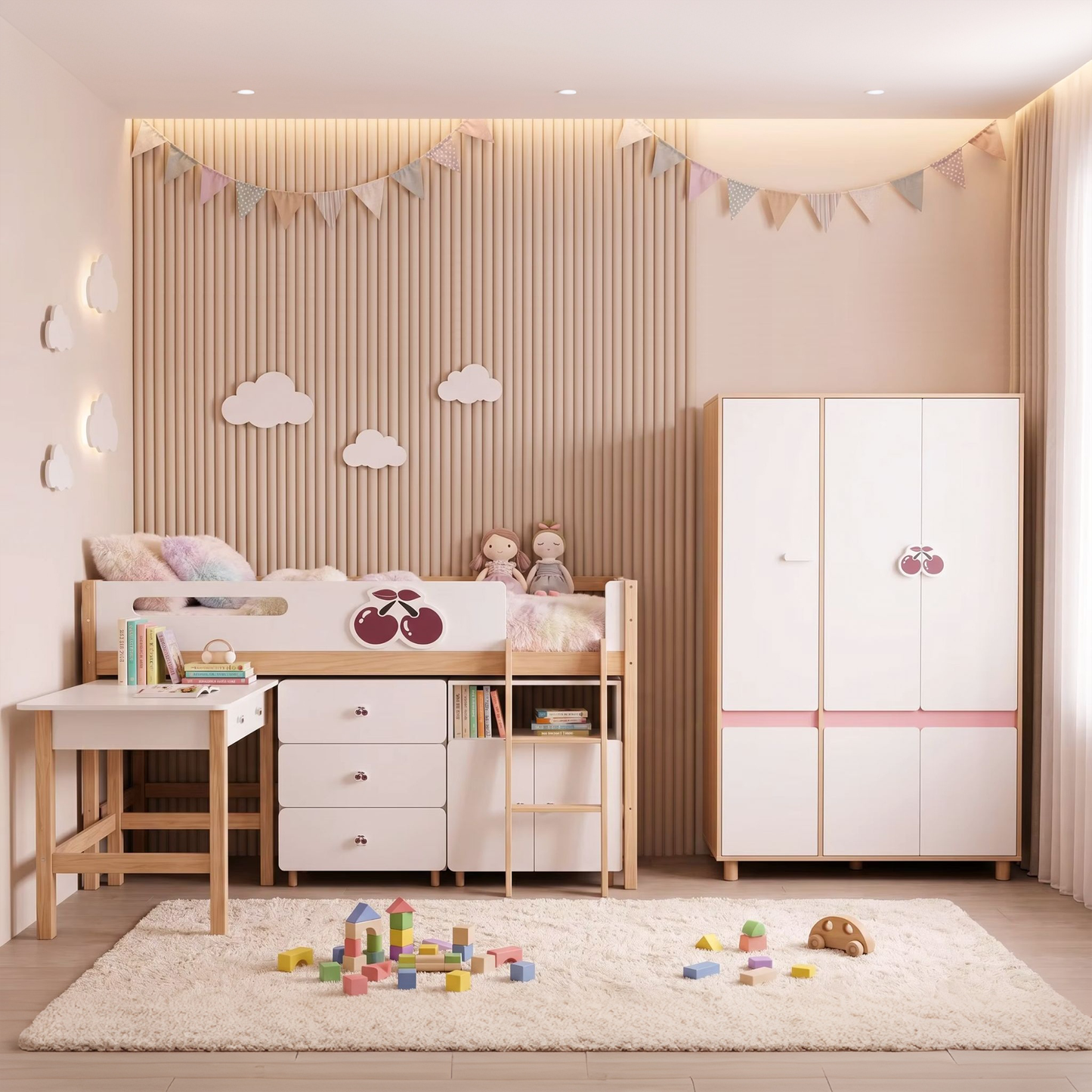 Комплект Детска Стая GINGER HOME CHERRY с Комбинирано Легло 90x200 см, Бюро, Скрин, Шкаф и Трикрилен Гардероб, Бяло, Розово и Натурално Дърво