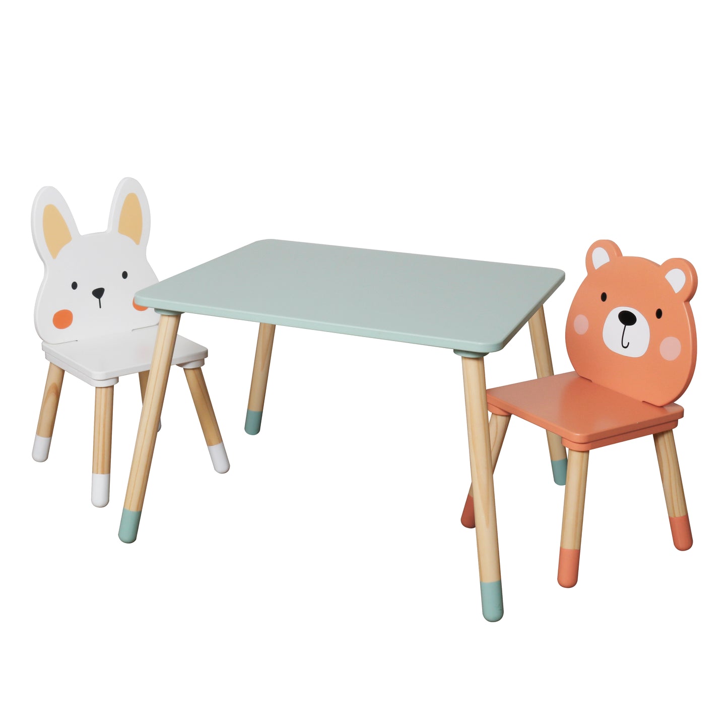 Страничен изглед на комплекта детска дървена маса и два стола GINGER HOME.