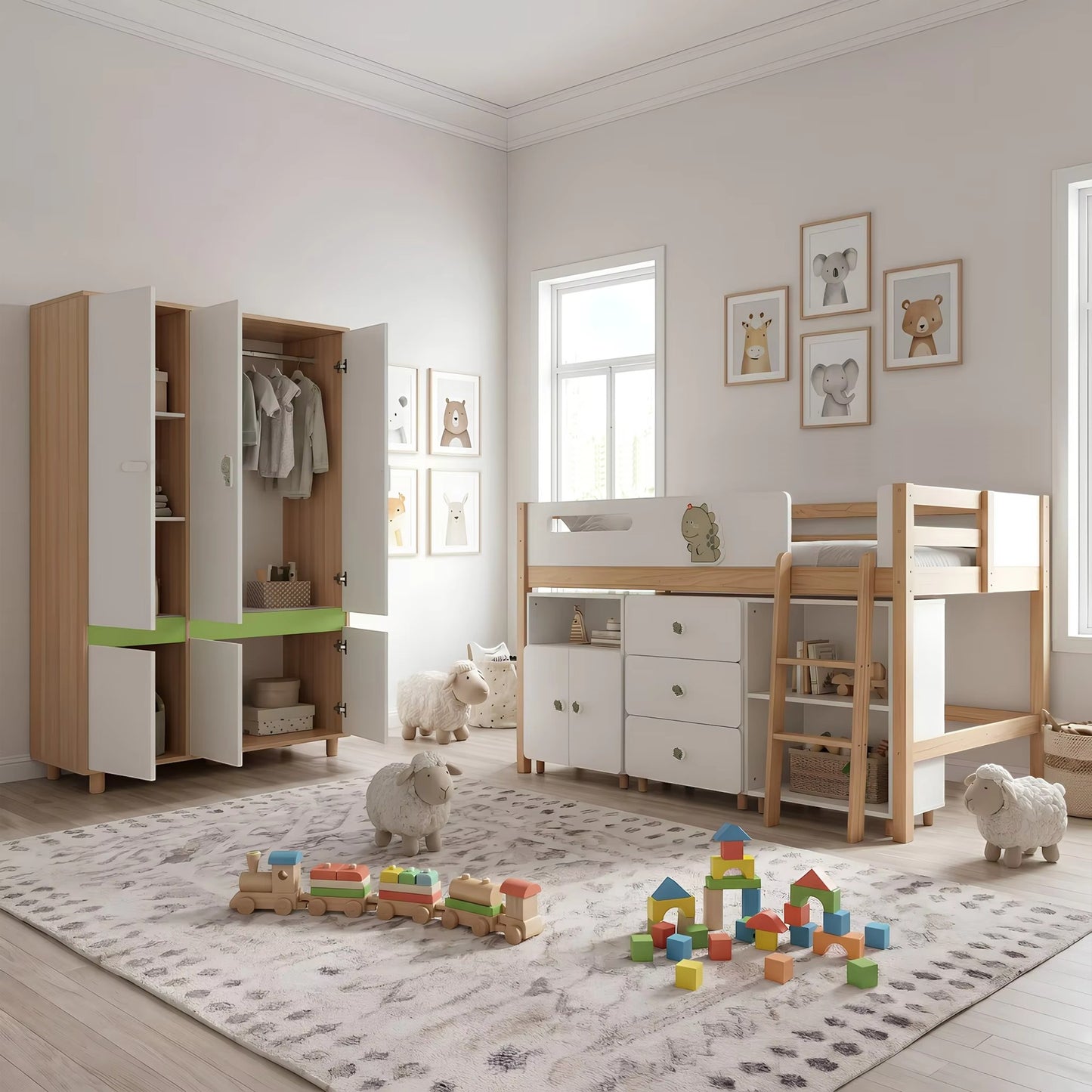 Комплект Мебели за Детска Стая GINGER HOME DINO с Комбинирано Легло 90x200 см, Гардероб, Шкафове, Скрин, Етажерка и Подматрачна Рамка, Бяло, Зелено и Натурално Дърво