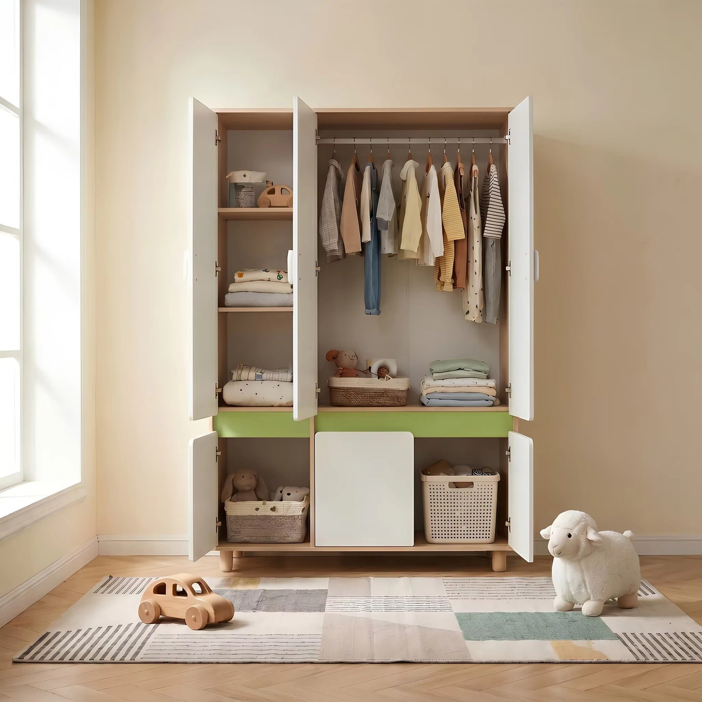 Комплект Мебели за Детска Стая GINGER HOME DINO с Комбинирано Легло 90x200 см, Гардероб, Шкафове, Скрин, Етажерка и Подматрачна Рамка, Бяло, Зелено и Натурално Дърво