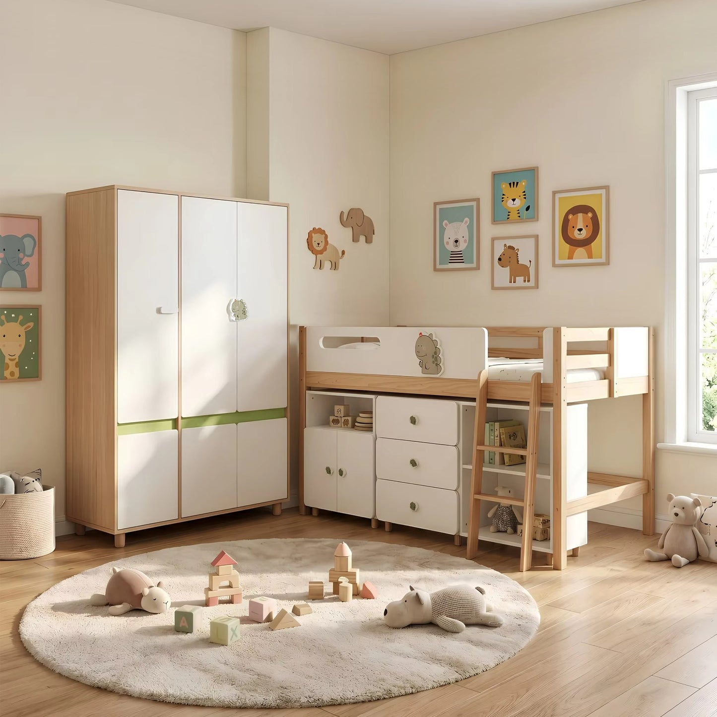 Комплект Мебели за Детска Стая GINGER HOME DINO с Комбинирано Легло 90x200 см, Гардероб, Шкафове, Скрин, Етажерка и Подматрачна Рамка, Бяло, Зелено и Натурално Дърво