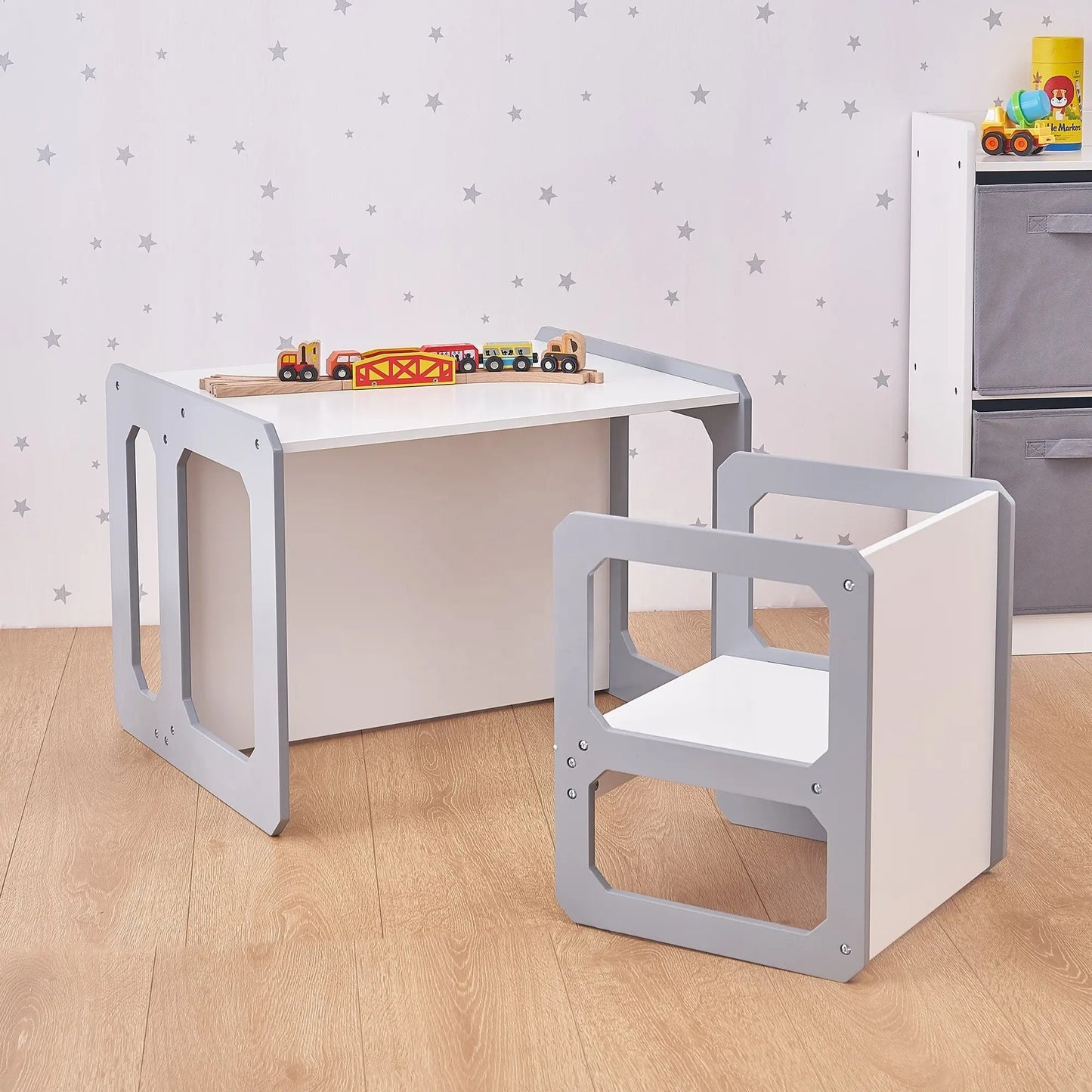 Монтесори Детска маса и Столче GINGER HOME, Дървен Комплект 3 в 1, бяло и сиво