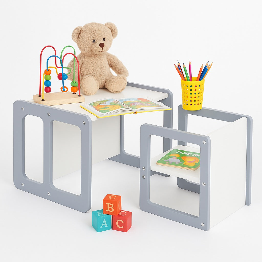 Монтесори Детска маса и Столче GINGER HOME, Дървен Комплект 3 в 1, бяло и сиво