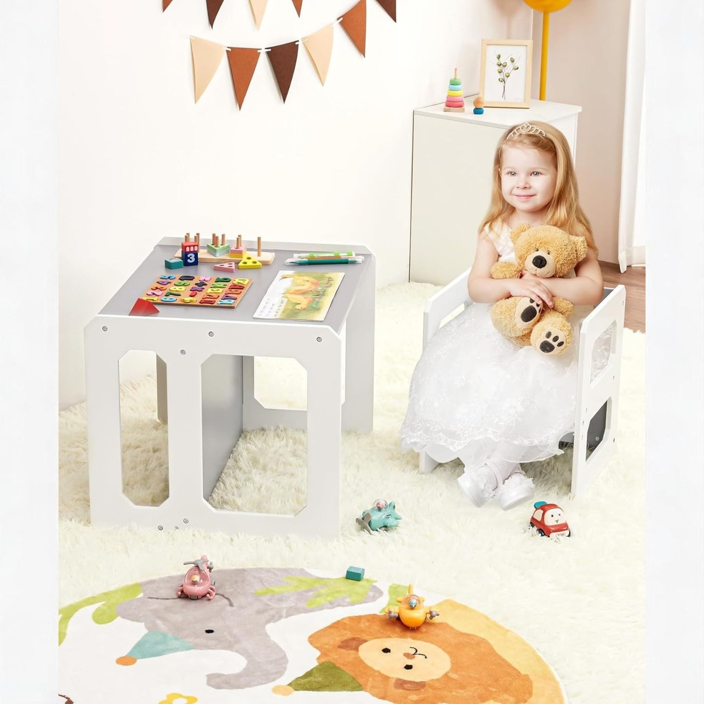 Монтесори Детска маса и Столче GINGER HOME, Дървен Комплект 3 в 1, бяло и сиво