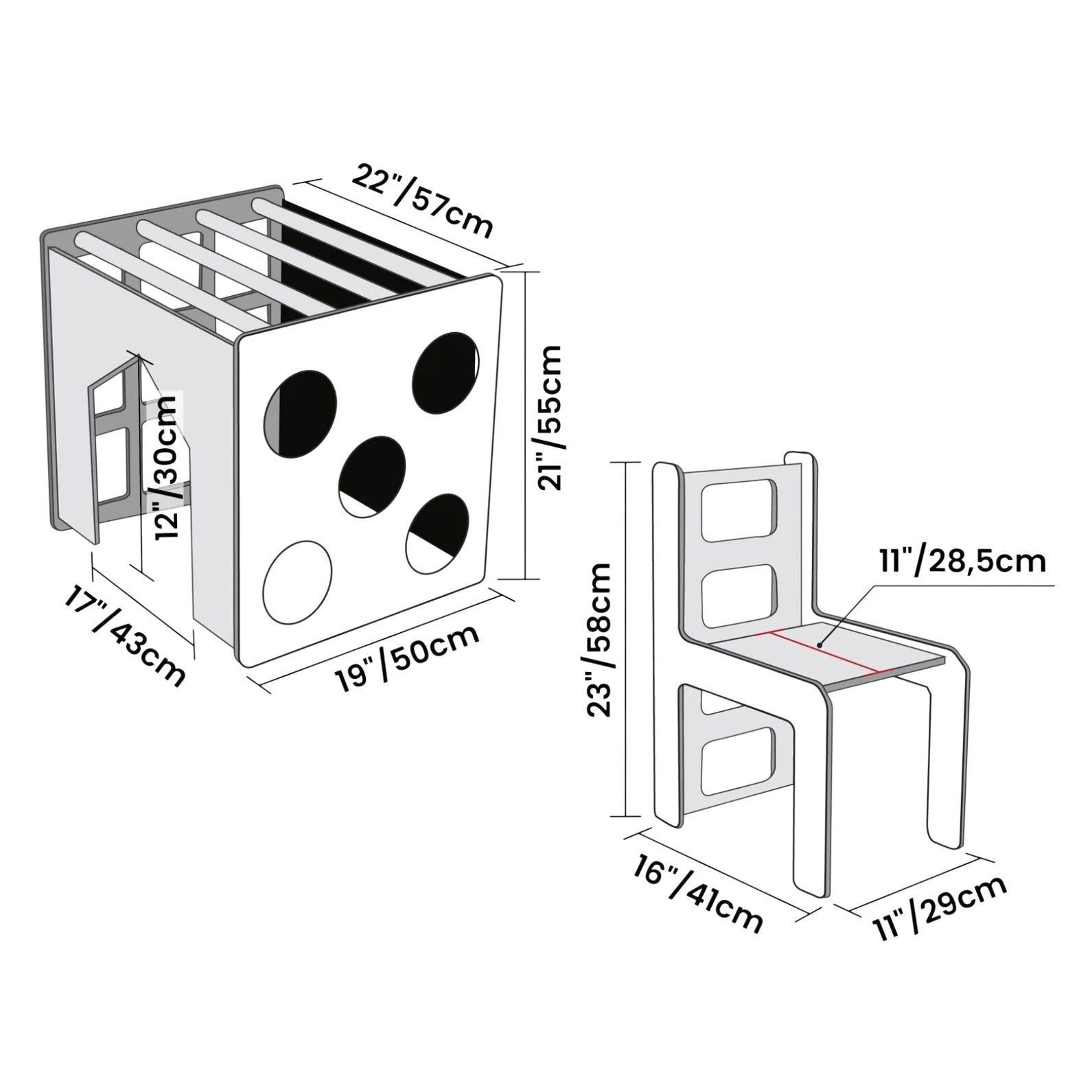 Размери на Монтесори комплект 2 в 1 GINGER HOME куб 57x50x55 см и столче 58x41x29 см