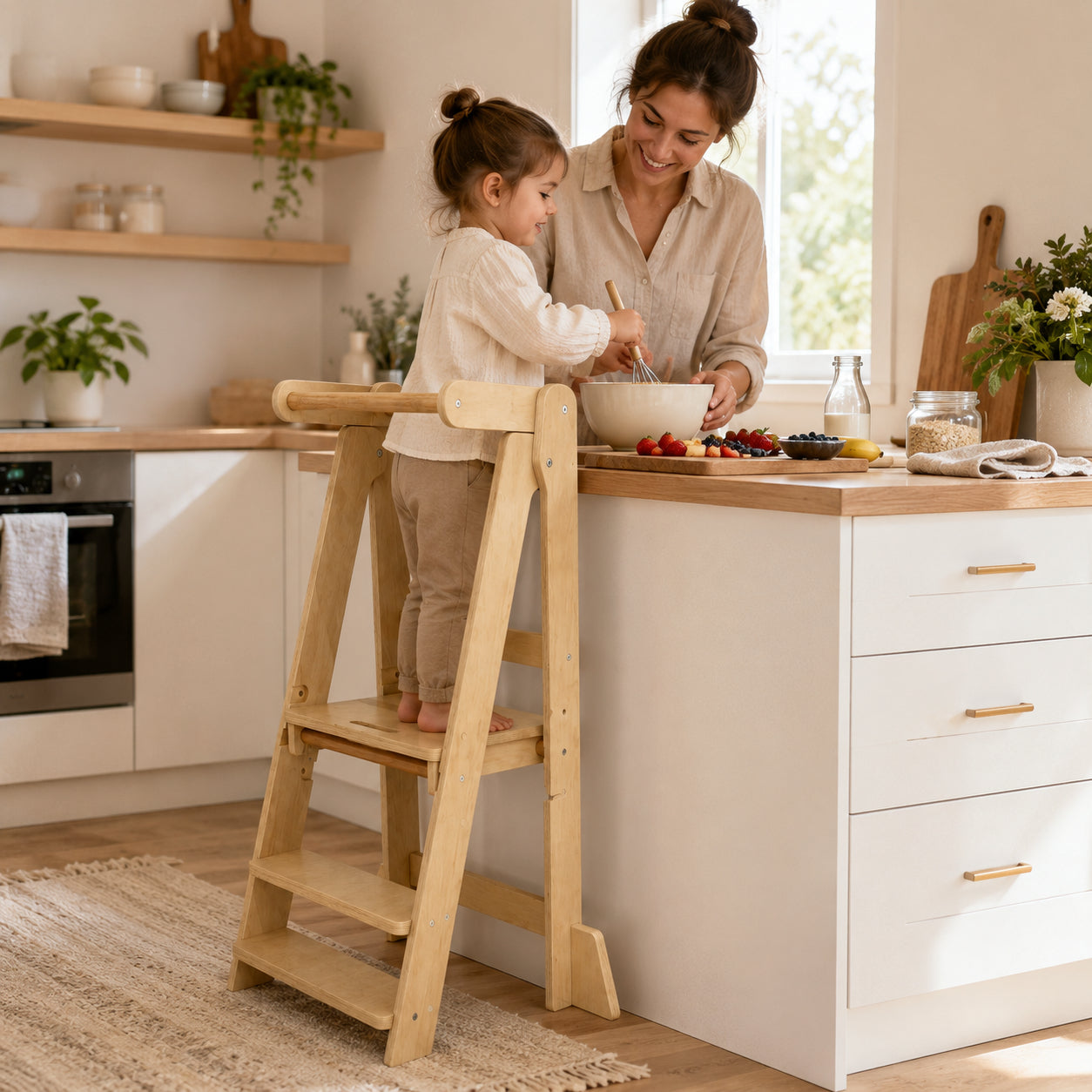 Монтесори кула GINGER HOME с дете и родител в кухнята за готвене и самостоятелни дейности