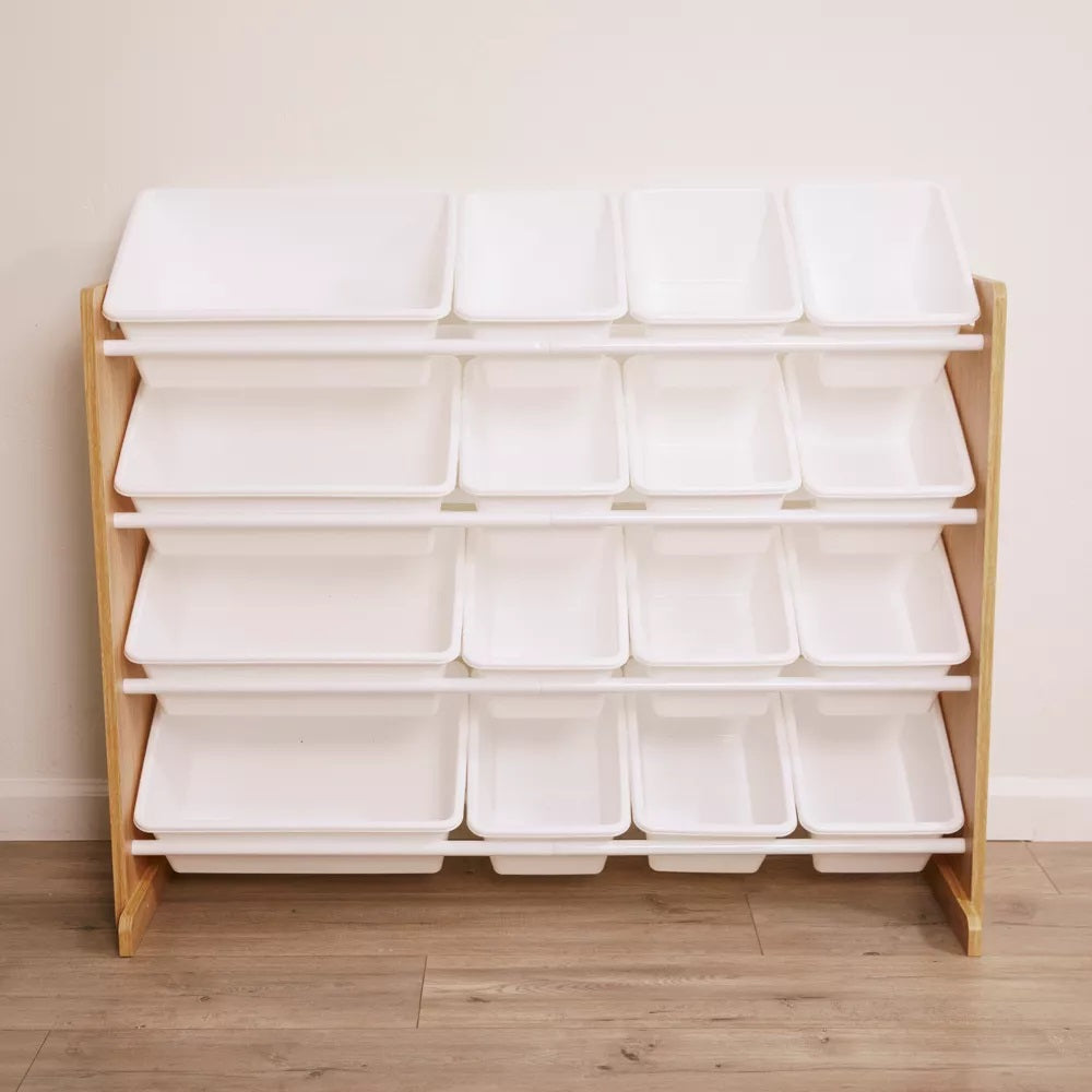 Wooden toy organizer on 4 levels with 16 storage boxes - WOOD/WHITE