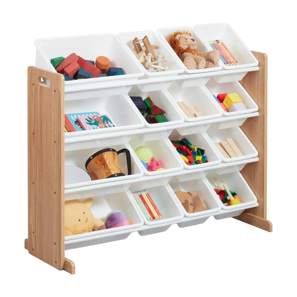 Wooden toy organizer on 4 levels with 16 storage boxes - WOOD/WHITE