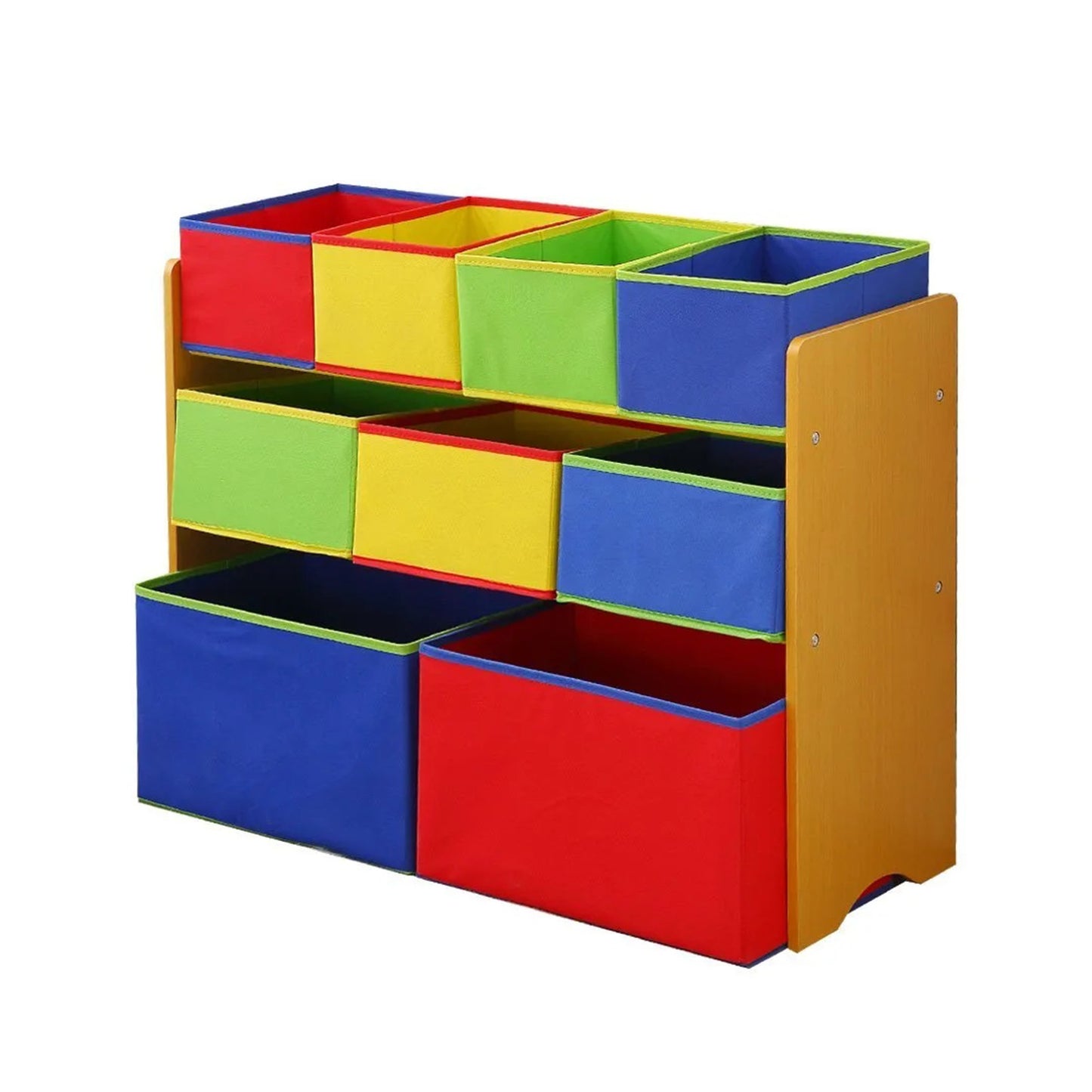 Детски Дървен Органайзер, Етажерка, Шкаф, Секция за Съхранение на Играчки и Книжки - 3 нива с 9 Текстилни Кутии - COLORS