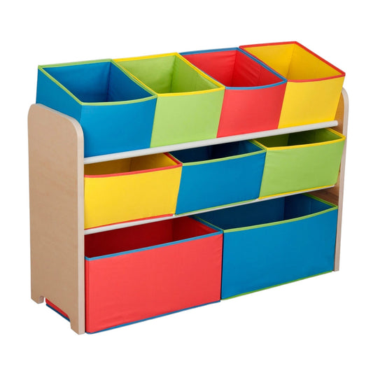 Children's wooden toy organizer on 3 levels with 9 storage boxes - COLOR