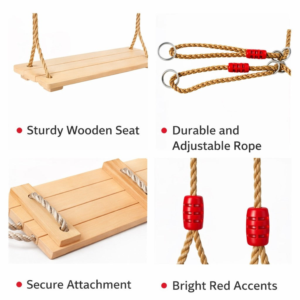 Инфографика с предимства на дървена люлка – здрава седалка и регулируемо въже