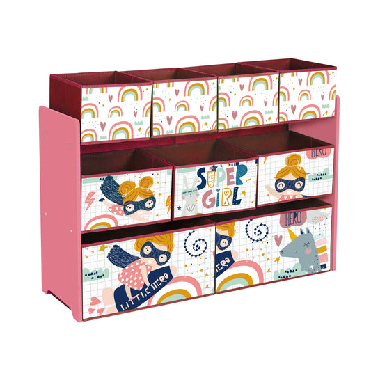 Wooden toy organizer on 3 levels with 9 textile baskets for storage - SUPER GIRL
