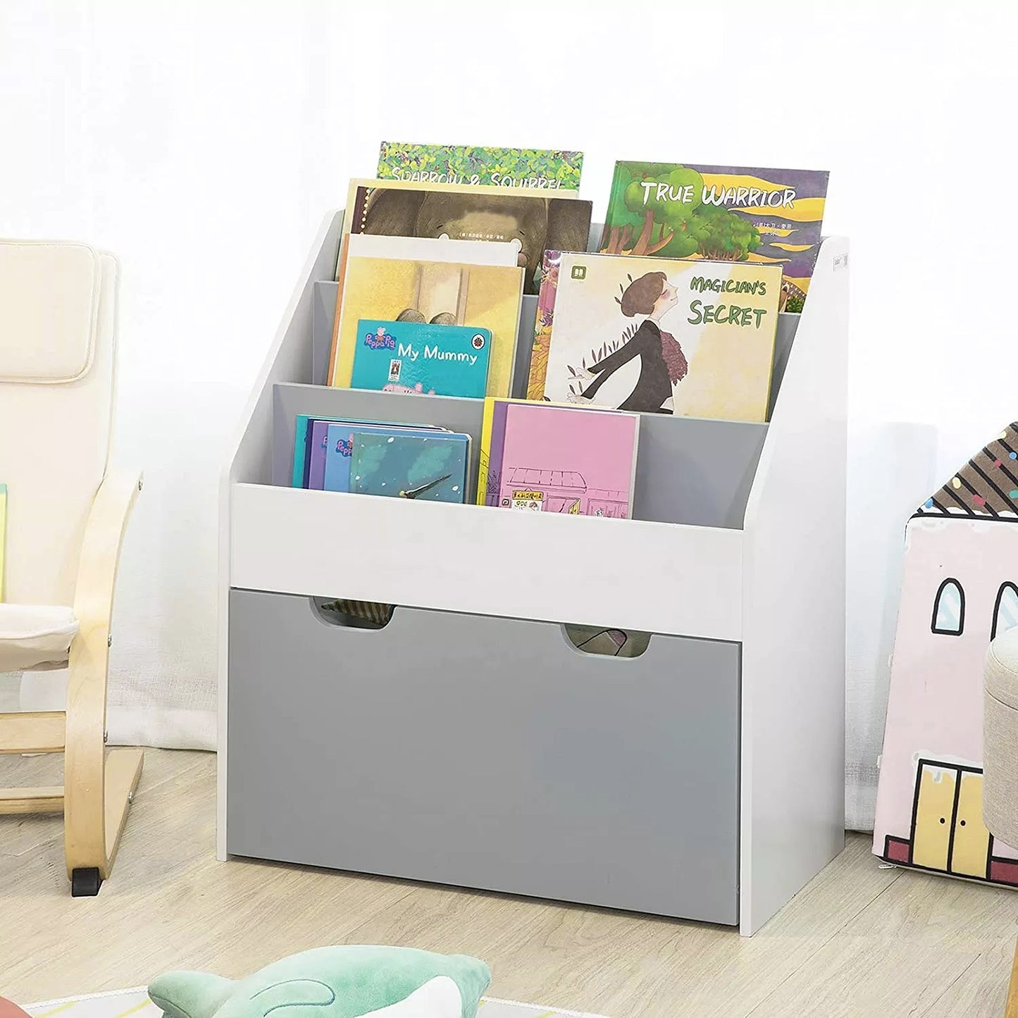 Детски Дървен Органайзер с Етажерка за Книжки и Ракла на Колелца за Съхранение на Играчки  - WHITE/GREY