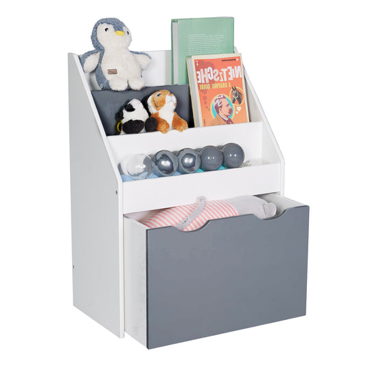 Children's wooden organizer for books and toys with a chest on wheels - WHITE/GREY