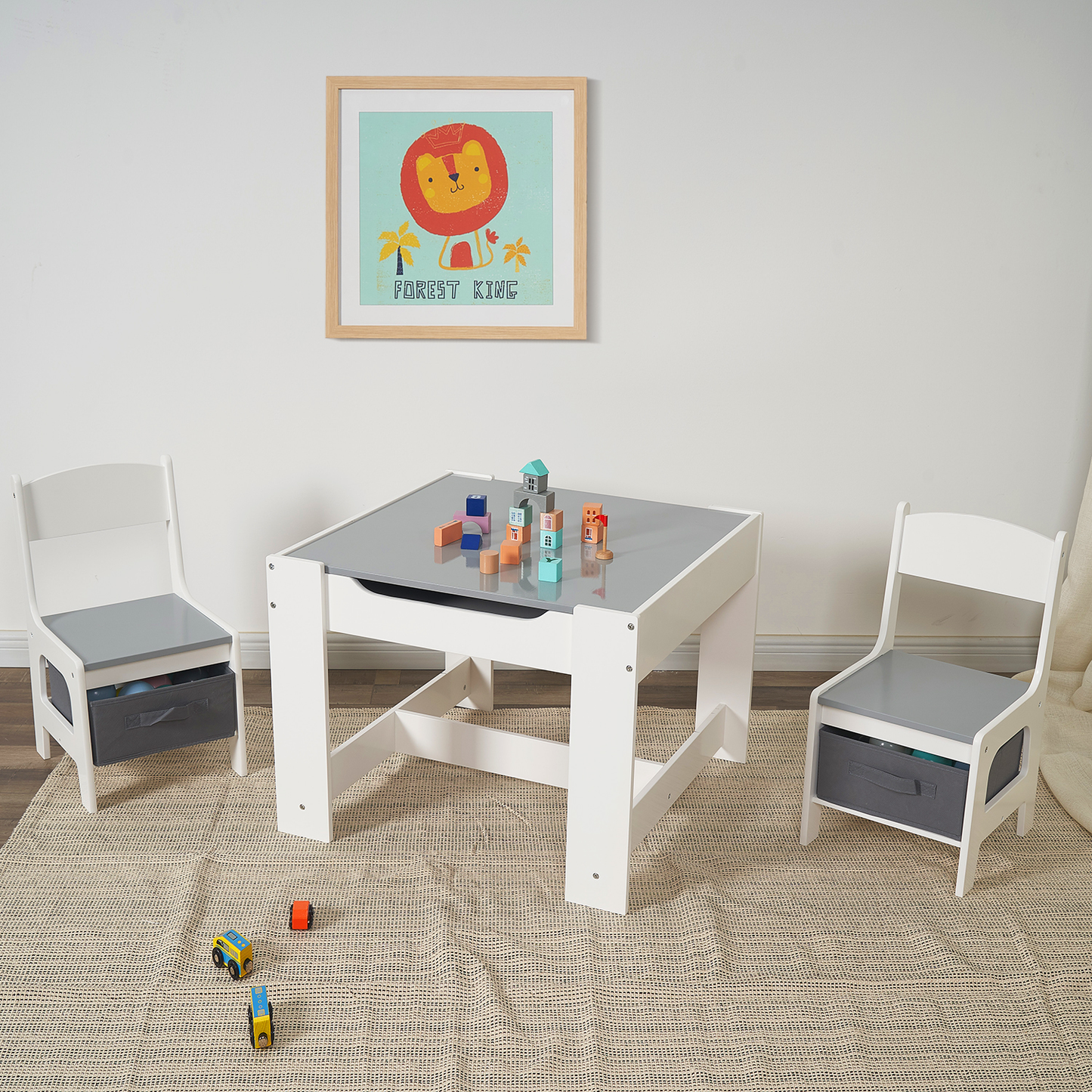 Children's wooden table with chairs, double-sided, 2 in 1 - for play and storage