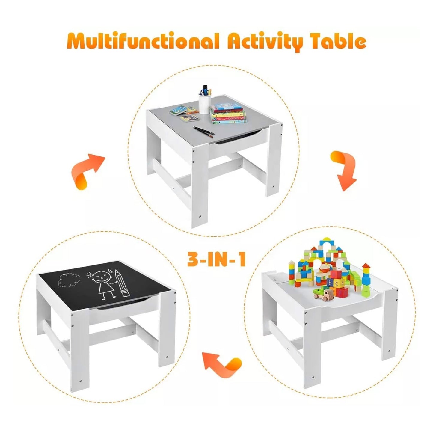 Children's wooden table with chairs, double-sided, 2 in 1 - for play and storage